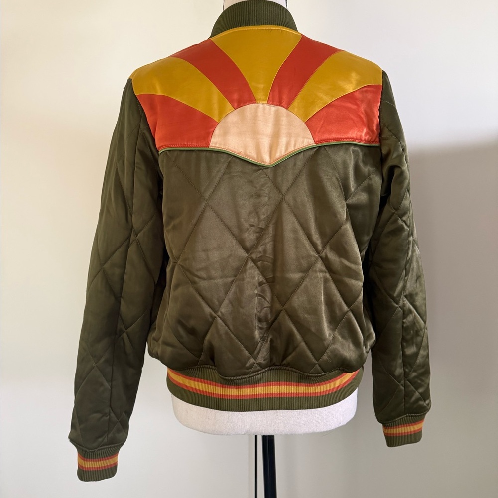 Olive Quilted Bomber Jacket with Retro Sunburst Yoke
